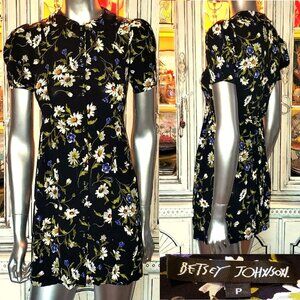 Vintage Betsey Johnson 90s Black Daisy Floral Peter Pan Cottage Mini Dress P S